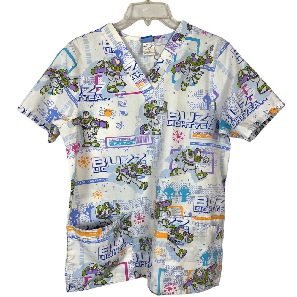 Buzz Lightyear Vneck Scrub Top Women’s Small 40" Disney WWOD Pediatric Kids